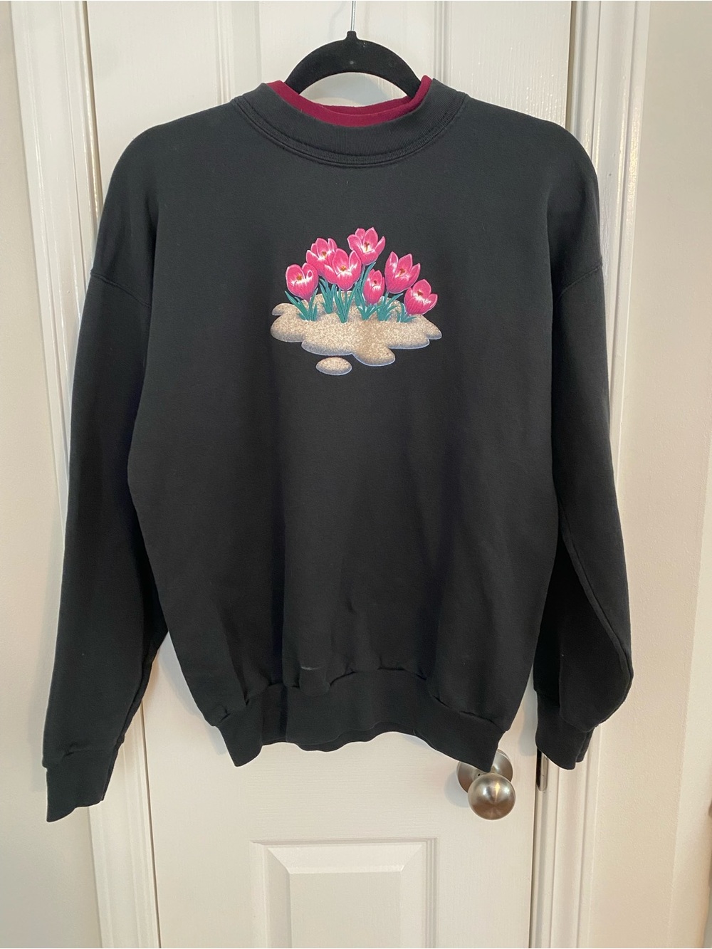 Black Crewneck Sweater with Pink Tulip Motif
